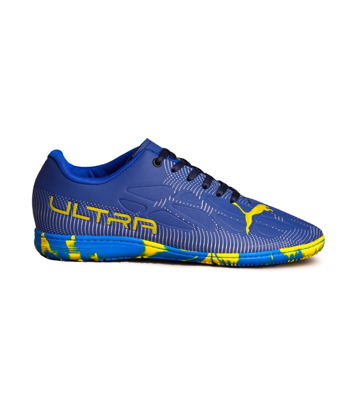 کفش فوتسال پوما اولترا آبی طلایی طرح اصلی Puma Ultra IC Indoor