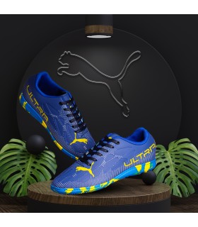 کفش فوتسال پوما اولترا آبی طلایی طرح اصلی Puma Ultra IC Indoor