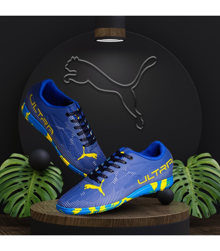 کفش فوتسال پوما اولترا آبی طلایی طرح اصلی Puma Ultra IC Indoor