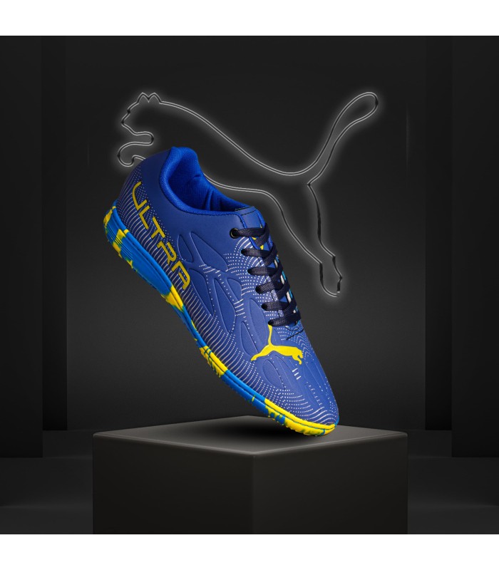 کفش فوتسال پوما اولترا آبی طلایی طرح اصلی Puma Ultra IC Indoor