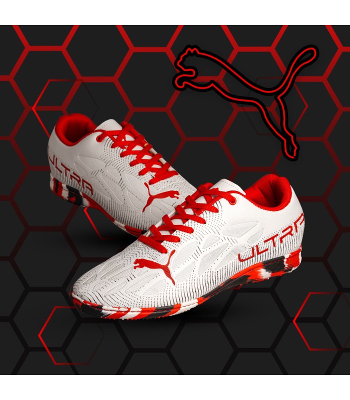کفش فوتسال پوما اولترا سفید قرمز طرح اصلی Puma Ultra IC Indoor