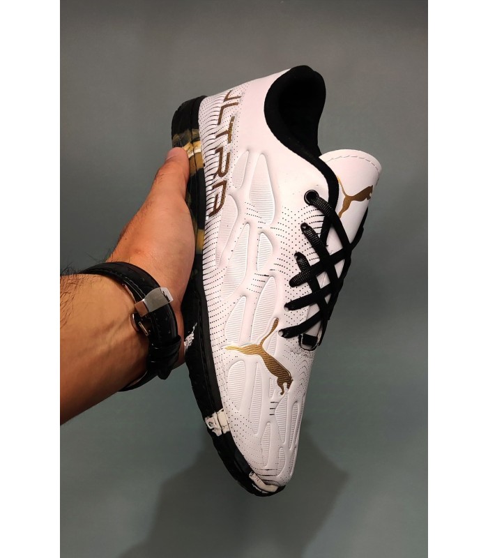 کفش فوتسال پوما اولترا سفید طلایی طرح اصلی Puma Ultra IC Indoor