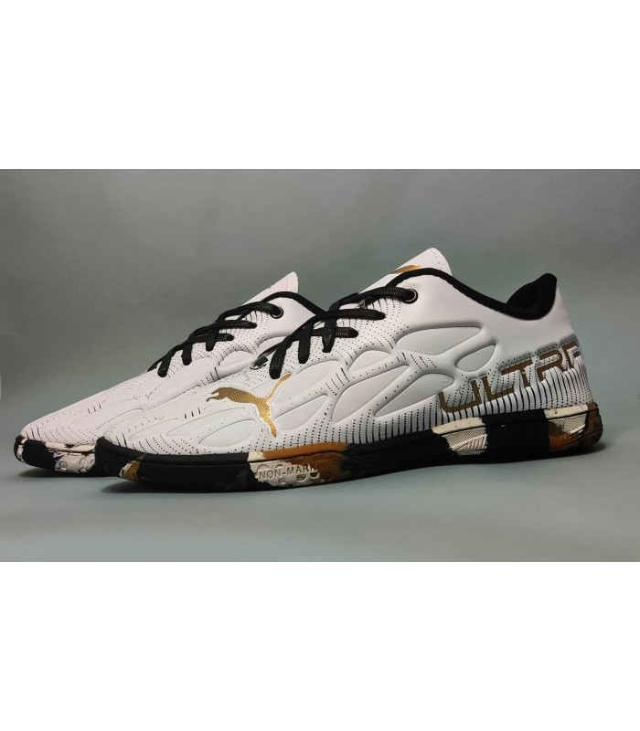 کفش فوتسال پوما اولترا سفید طلایی طرح اصلی Puma Ultra IC Indoor
