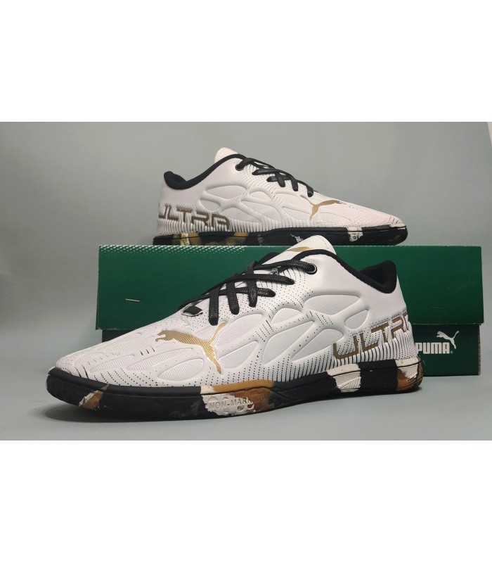 کفش فوتسال پوما اولترا سفید طلایی طرح اصلی Puma Ultra IC Indoor