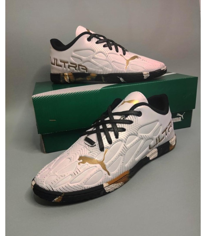 کفش فوتسال پوما اولترا سفید طلایی طرح اصلی Puma Ultra IC Indoor