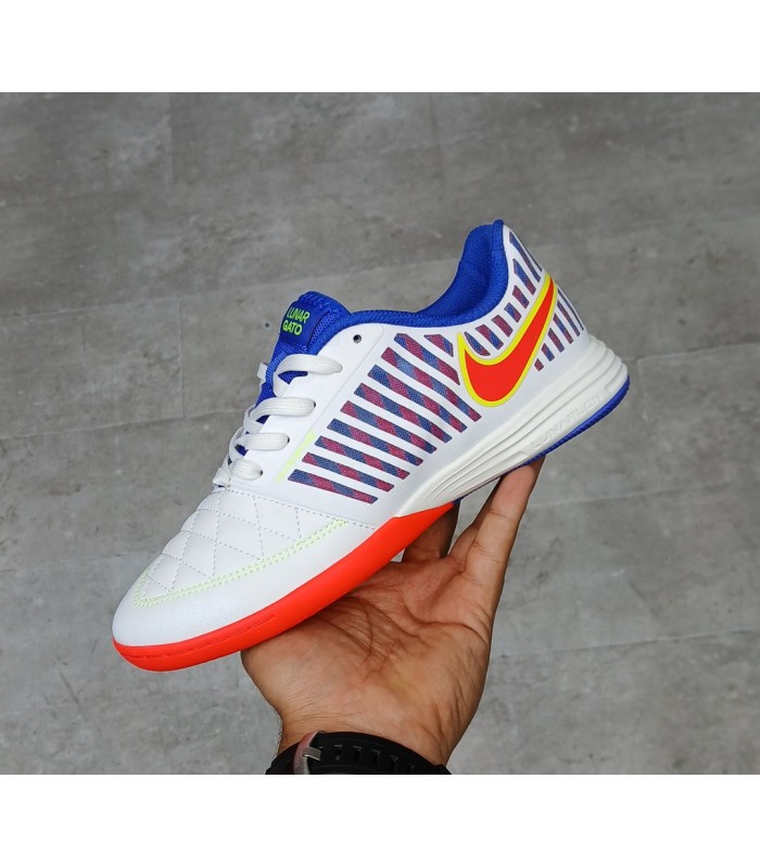 کفش فوتسال لونارگتو طرح اصلی سفید آبی قرمز Nike Lunargato II Indoor
