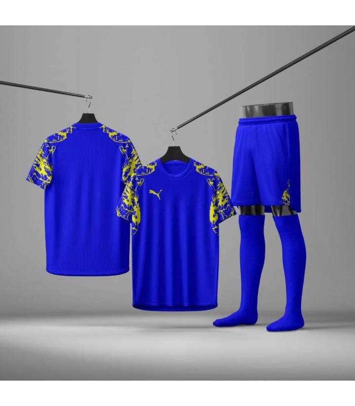 ست تیشرت،شورت و جوراب باشگاهی پوما آبی زرد Puma Men's club t-shirt and shorts