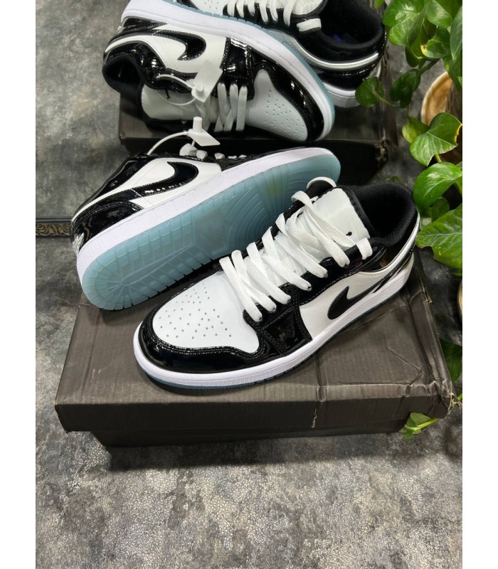 کفش پیاده روی نایک ایر جردن وان بدون ساق ورنی مشکی سفید Nike jordan 1 low vernie